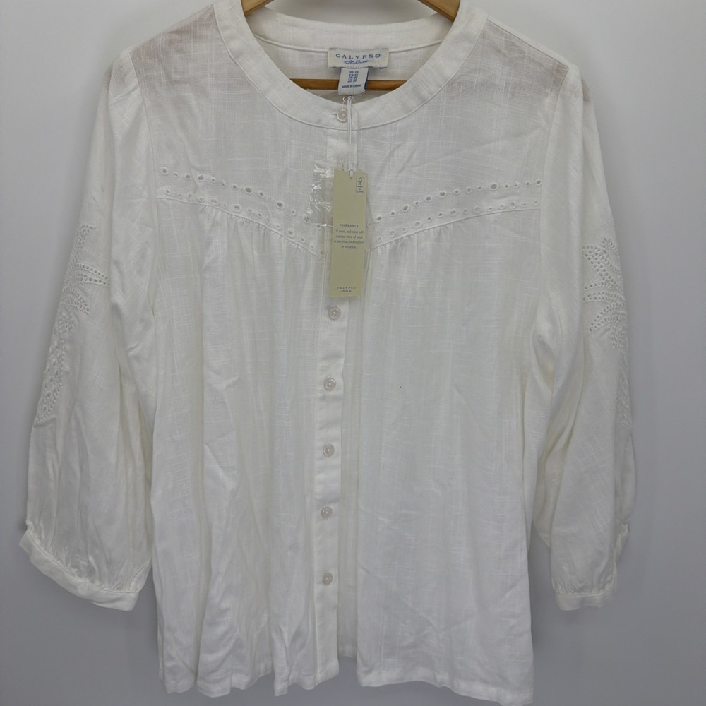 Calypso St Barth White Linen Blend Eyelet Pineapple Sleeve Blouse Top 1X Plus